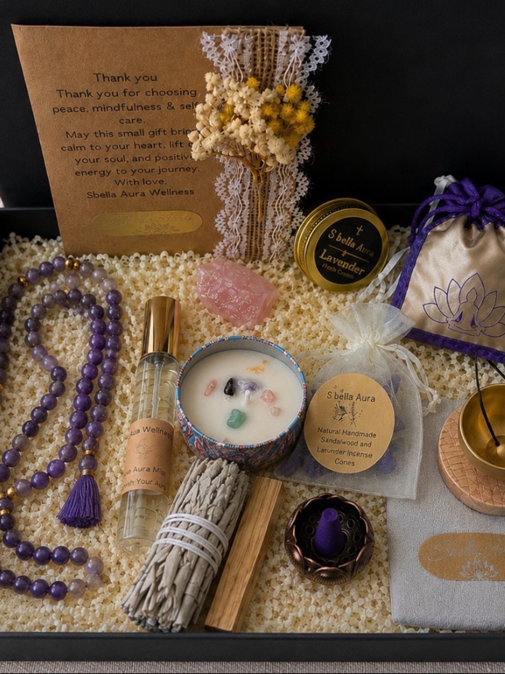 Meditation Gift Set | Self Care Gift | Wellness Box | Natural Gemstone Mala 108